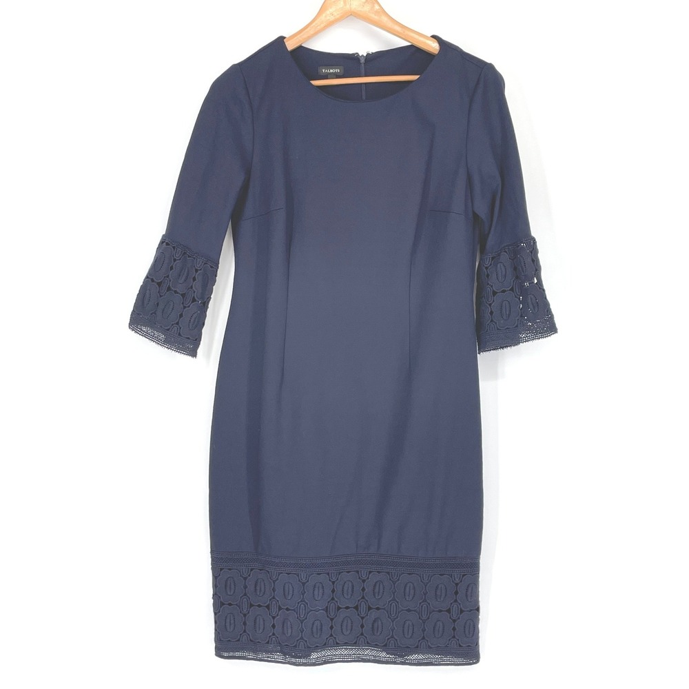 Talbots Womens Dress 6 Sheath Navy Blue Eyelet Lace Trim Bell Sleeve Cocktail